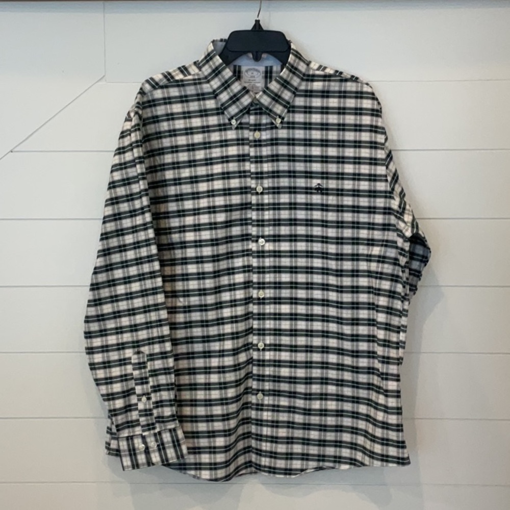Brooks Brothers 1818 Shirt XL Green Check Regent Fit Non Iron Cotton Blend LS
